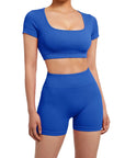 Open Back Short Sleeve Scrunch Seamless Ribbed Workout Sets-Clothing-SUUKSESS-Royal Blue-XS-SUUKSESS