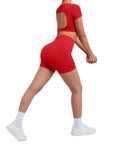 Open Back Short Sleeve Scrunch Seamless Ribbed Workout Sets-Clothing-SUUKSESS-SUUKSESS