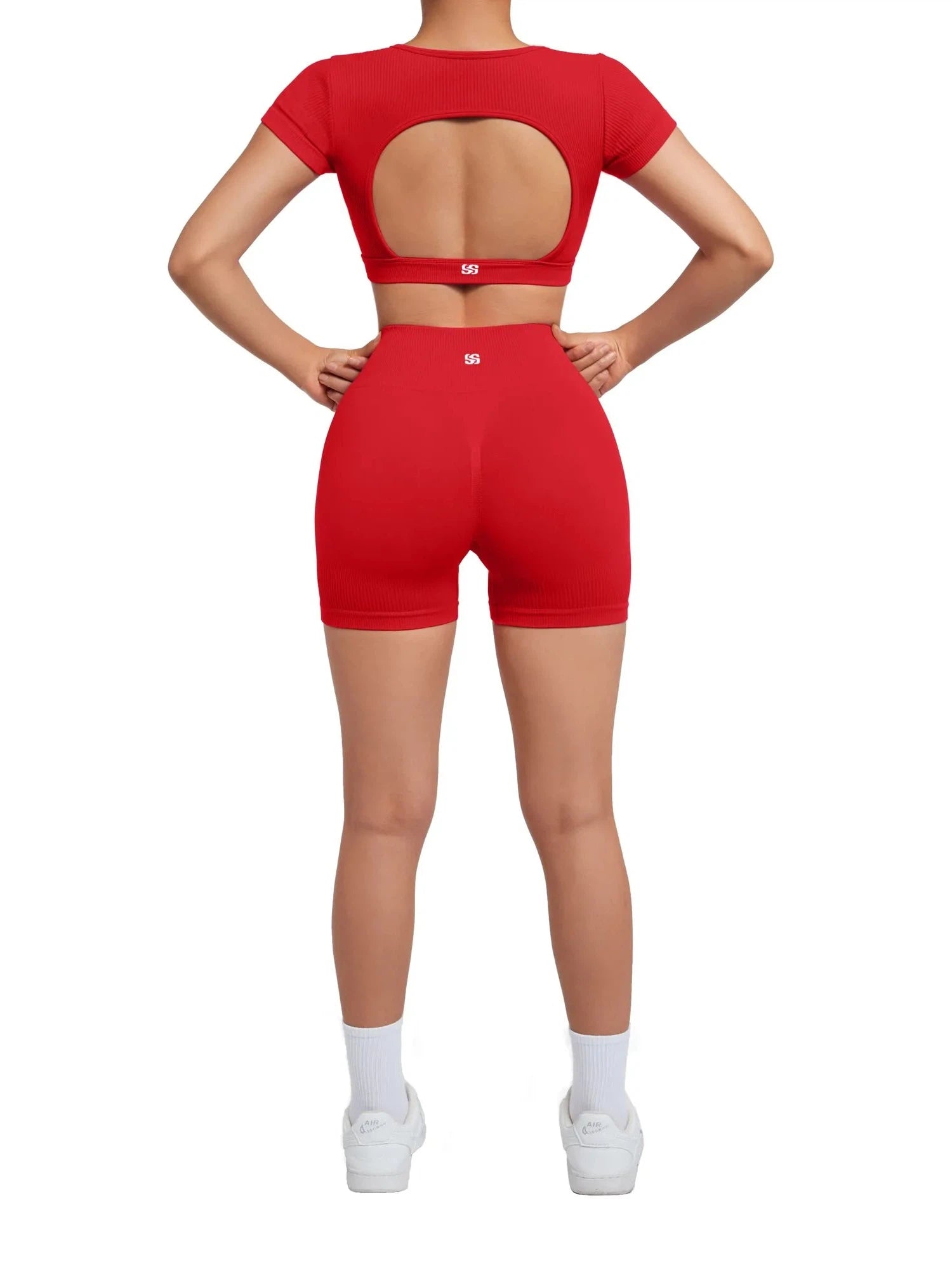 Open Back Short Sleeve Scrunch Seamless Ribbed Workout Sets-Clothing-SUUKSESS-SUUKSESS