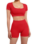 Open Back Short Sleeve Scrunch Seamless Ribbed Workout Sets-Clothing-SUUKSESS-Red-XS-SUUKSESS