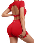 Open Back Short Sleeve Scrunch Seamless Ribbed Workout Sets-Clothing-SUUKSESS-SUUKSESS