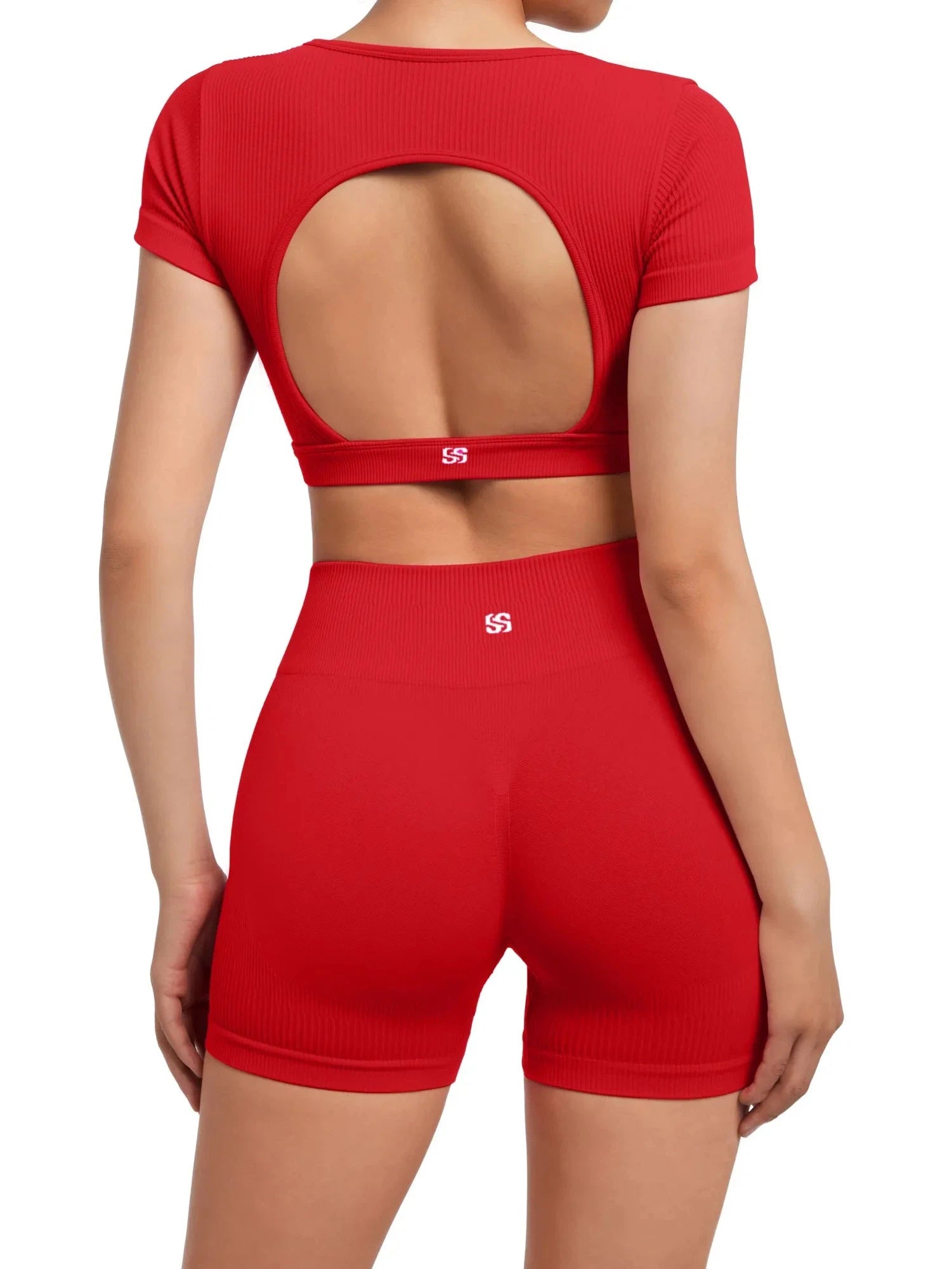 Open Back Short Sleeve Scrunch Seamless Ribbed Workout Sets-Clothing-SUUKSESS-SUUKSESS