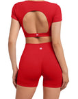 Open Back Short Sleeve Scrunch Seamless Ribbed Workout Sets-Clothing-SUUKSESS-SUUKSESS