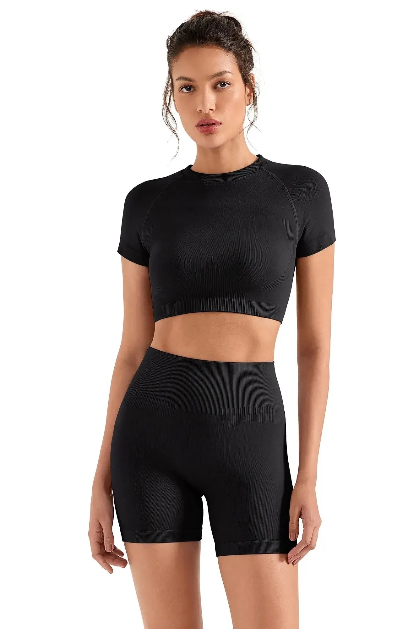 Seamless Crop Top Workout Set-SUUKSESS-Black、-XS-SUUKSESS
