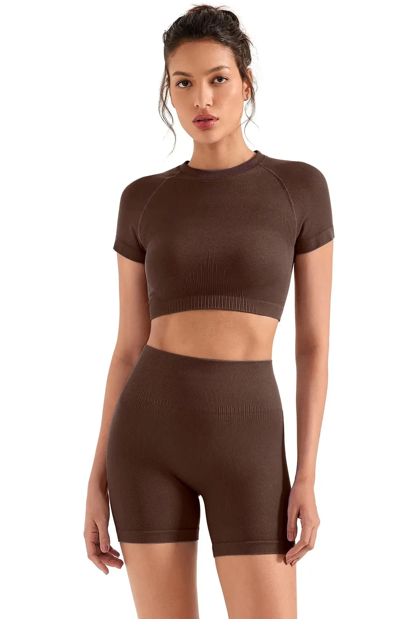 Seamless Crop Top Workout Set-SUUKSESS-Brown-XS-SUUKSESS