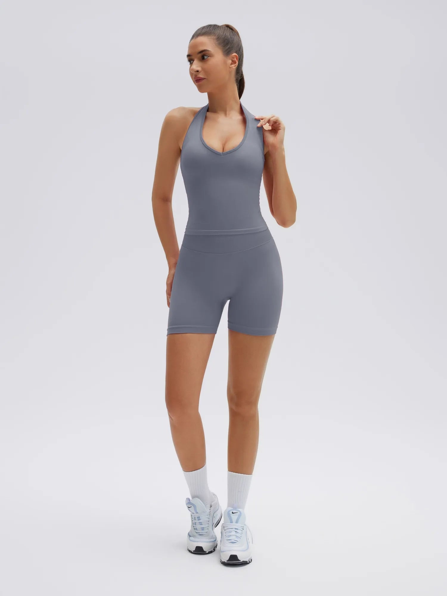 SUUKSESS Womens 2 Piece Workout Sets Padded Halter Tank Top Gym Sets Seamless Tummy Control Biker Shorts for Athletic-SUUKSESS-Gray-S-SUUKSESS