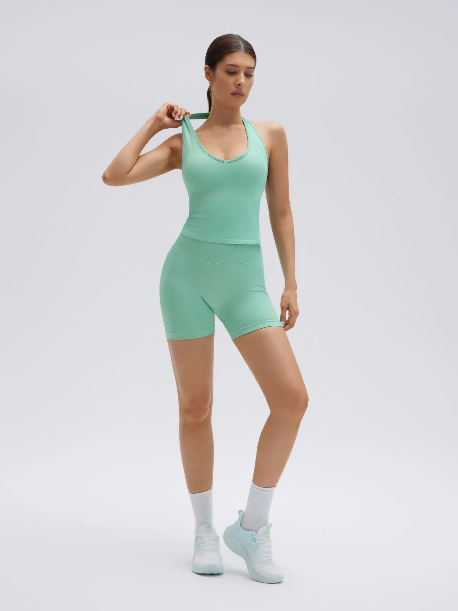 SUUKSESS Womens 2 Piece Workout Sets Padded Halter Tank Top Gym Sets Seamless Tummy Control Biker Shorts for Athletic-SUUKSESS-Mint-S-SUUKSESS