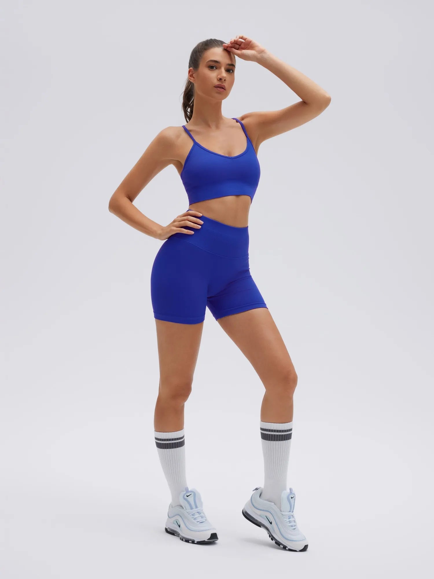 SUUKSESS Women Seamless 2 Piece Workout Sets Criss Cross Sports Bra High Waist Booty Shorts-SUUKSESS-Blue-XS-SUUKSESS