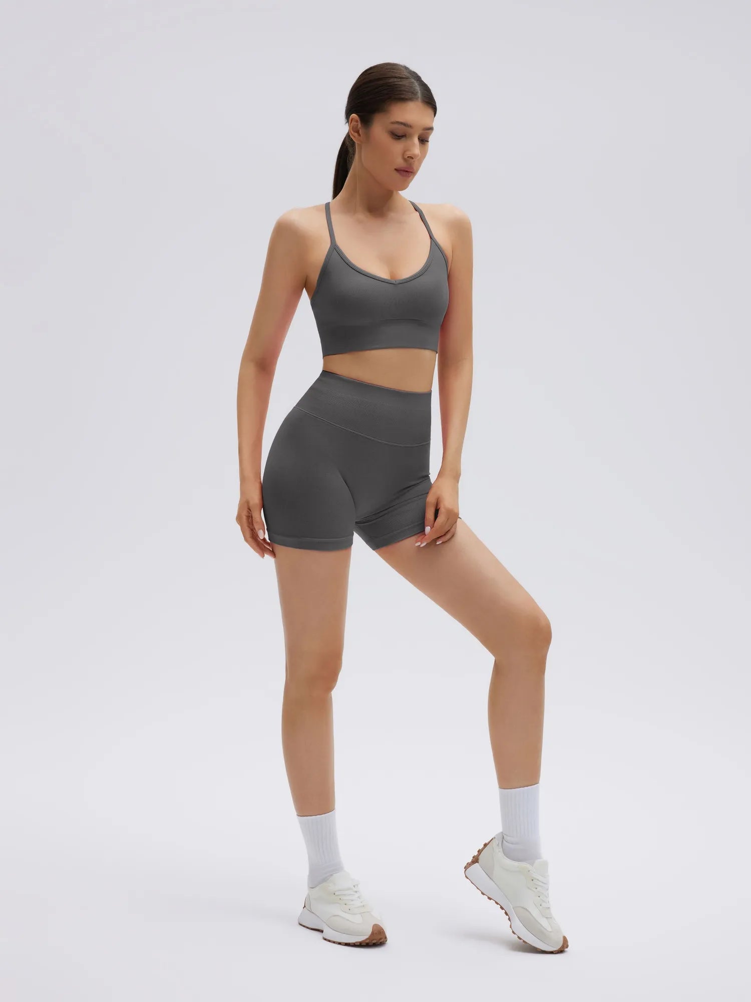 SUUKSESS Women Seamless 2 Piece Workout Sets Criss Cross Sports Bra High Waist Booty Shorts-SUUKSESS-Grey-XS-SUUKSESS