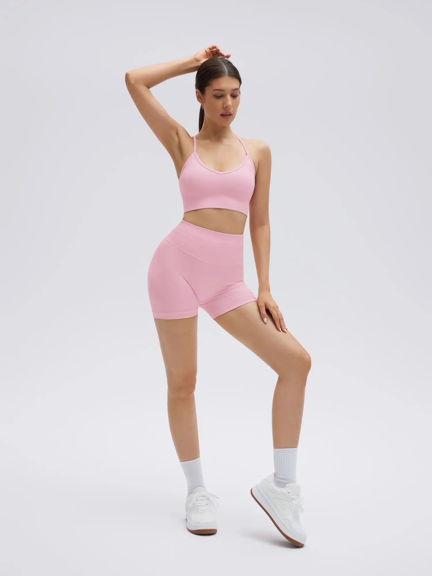 SUUKSESS Women Seamless 2 Piece Workout Sets Criss Cross Sports Bra High Waist Booty Shorts-SUUKSESS-Light Pink-XS-SUUKSESS