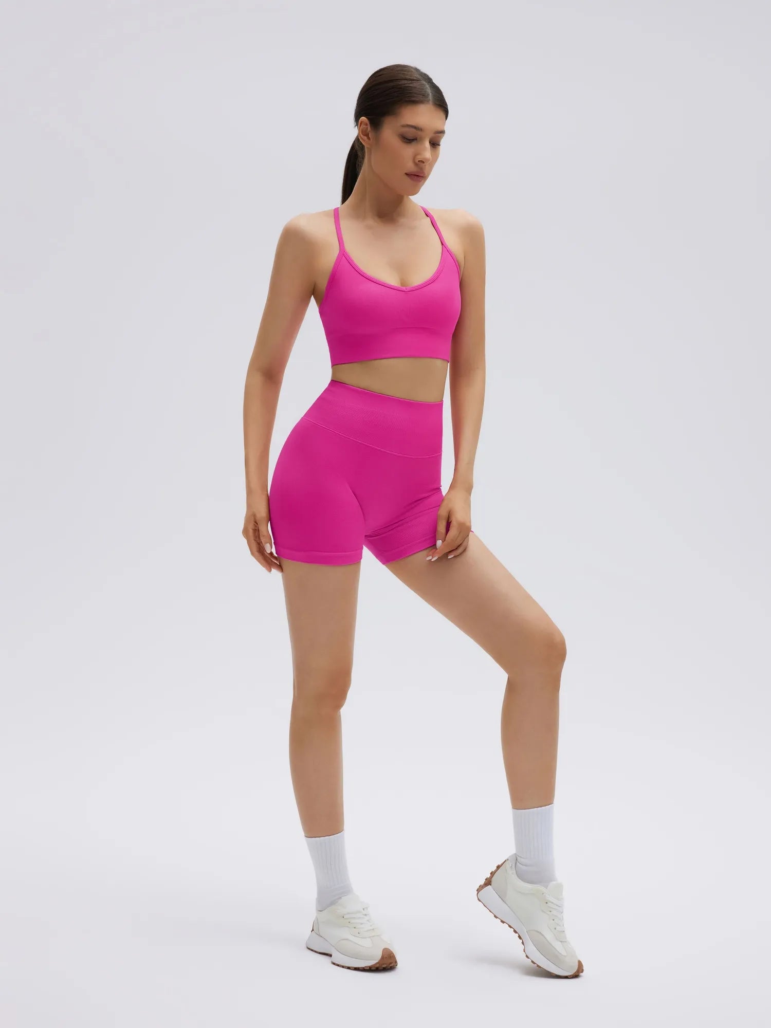 SUUKSESS Women Seamless 2 Piece Workout Sets Criss Cross Sports Bra High Waist Booty Shorts-SUUKSESS-Deep Pink-XS-SUUKSESS