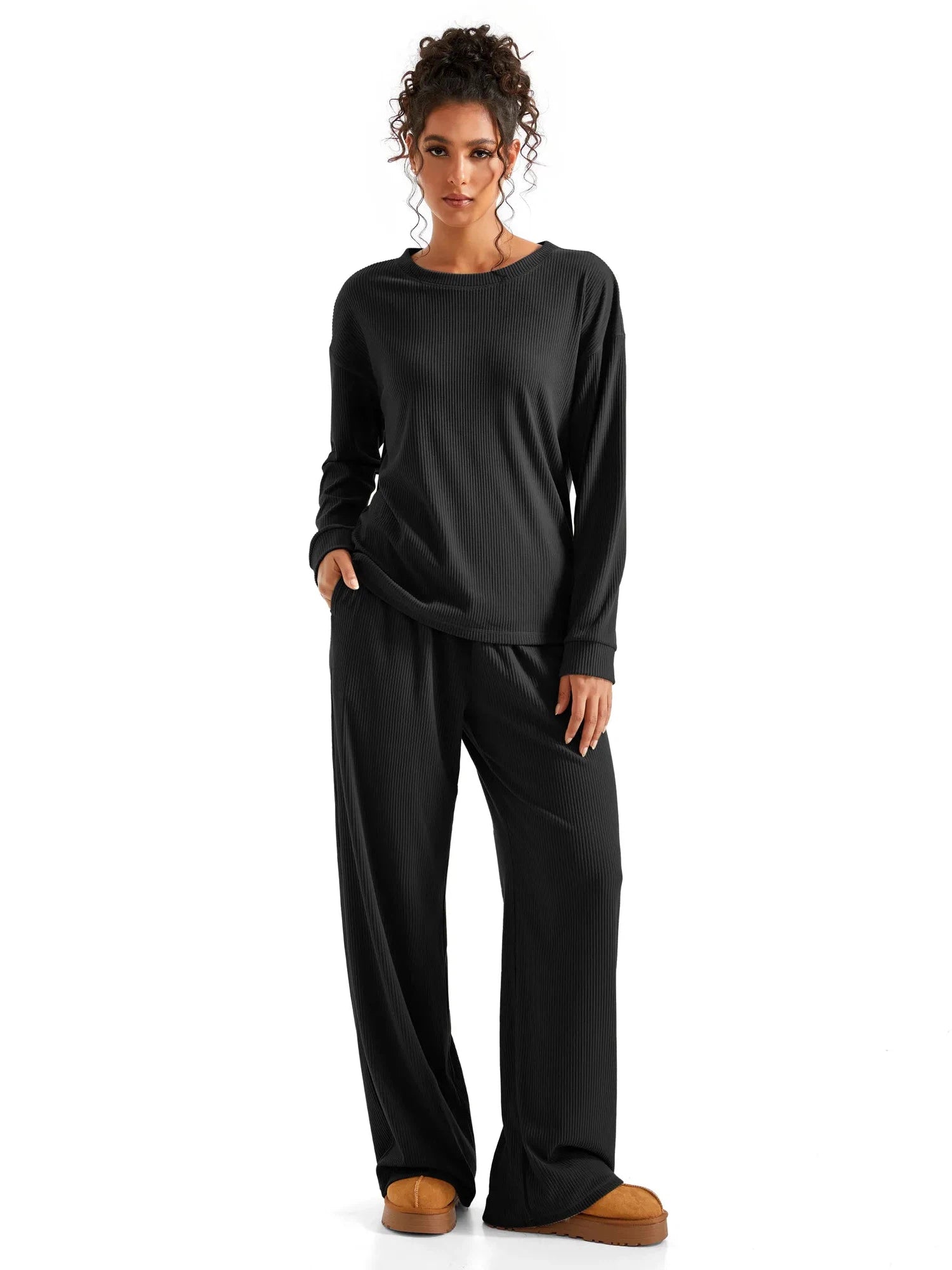 Ribbed Pajama Set-SUUKSESS-Black-S-SUUKSESS