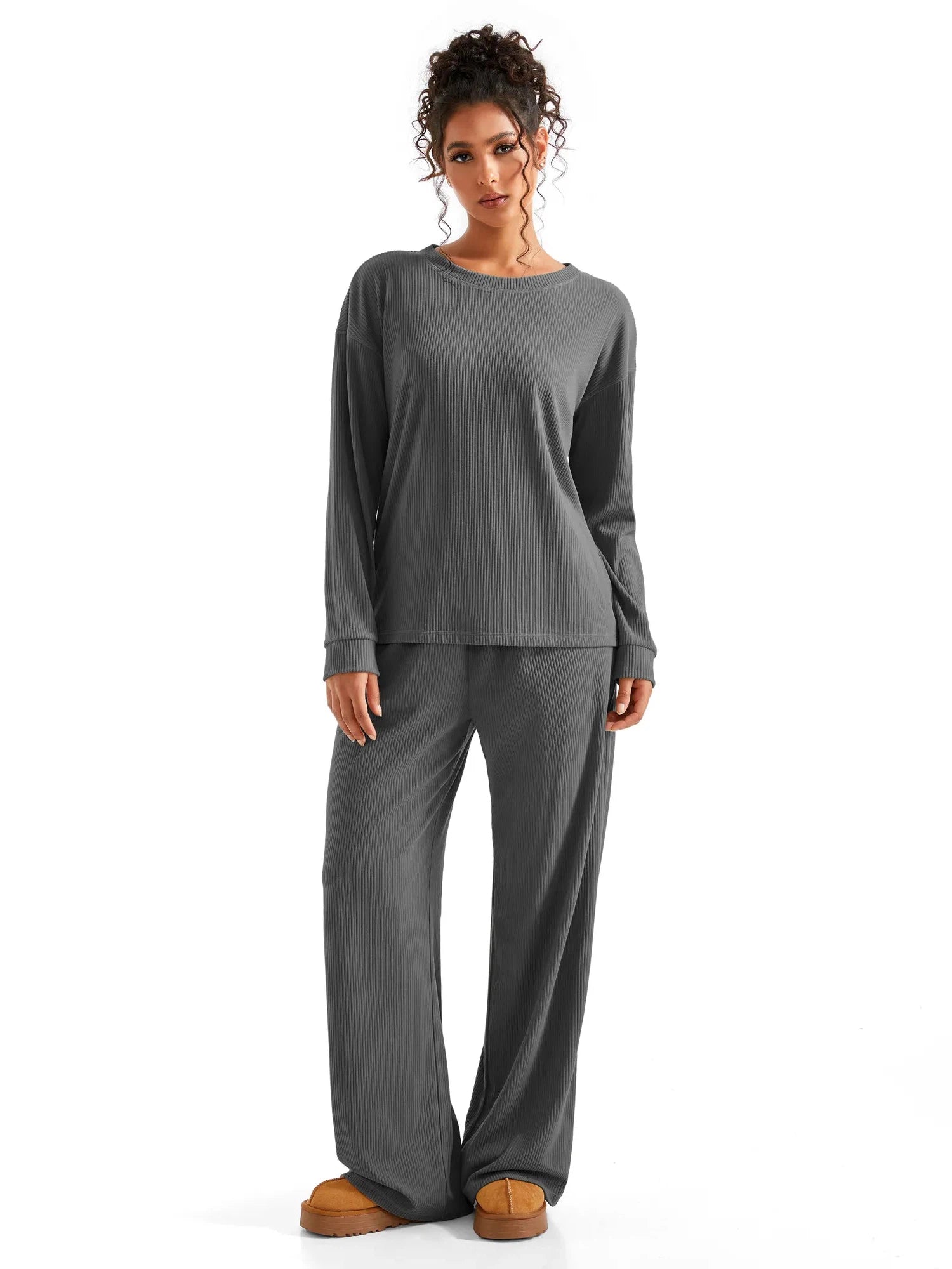 Ribbed Pajama Set-SUUKSESS-Grey-S-SUUKSESS