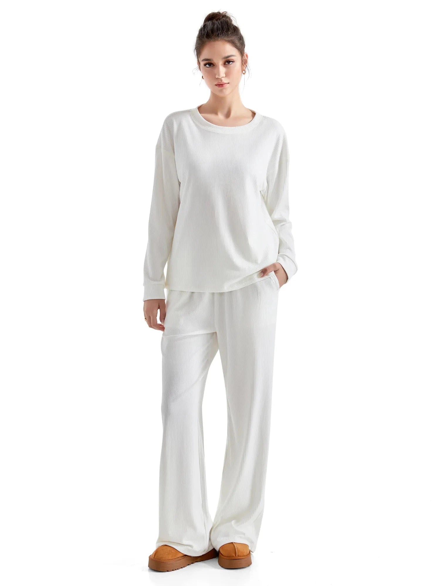 Ribbed Pajama Set-SUUKSESS-White-S-SUUKSESS