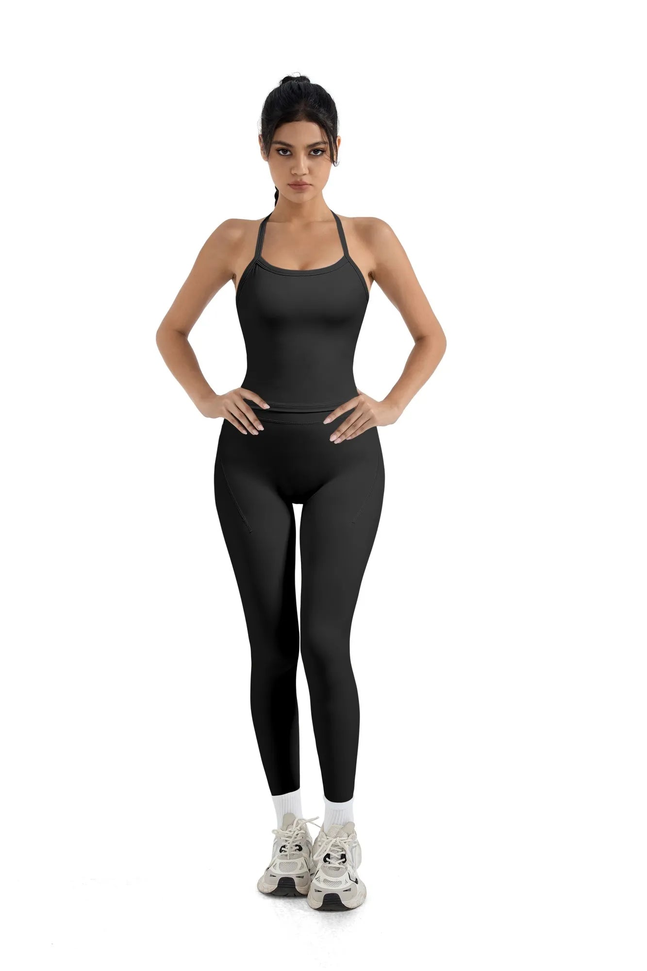 SUUKSESS Women 2 Piece Workout Sets Compression Tummy Control Leggings with Pockets Halter Built in Bra Tank Tops-SUUKSESS-Black-XS-SUUKSESS