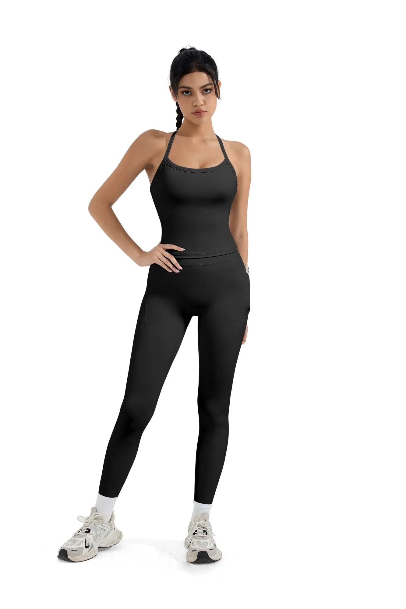 SUUKSESS Women 2 Piece Workout Sets Compression Tummy Control Leggings with Pockets Halter Built in Bra Tank Tops-SUUKSESS-SUUKSESS
