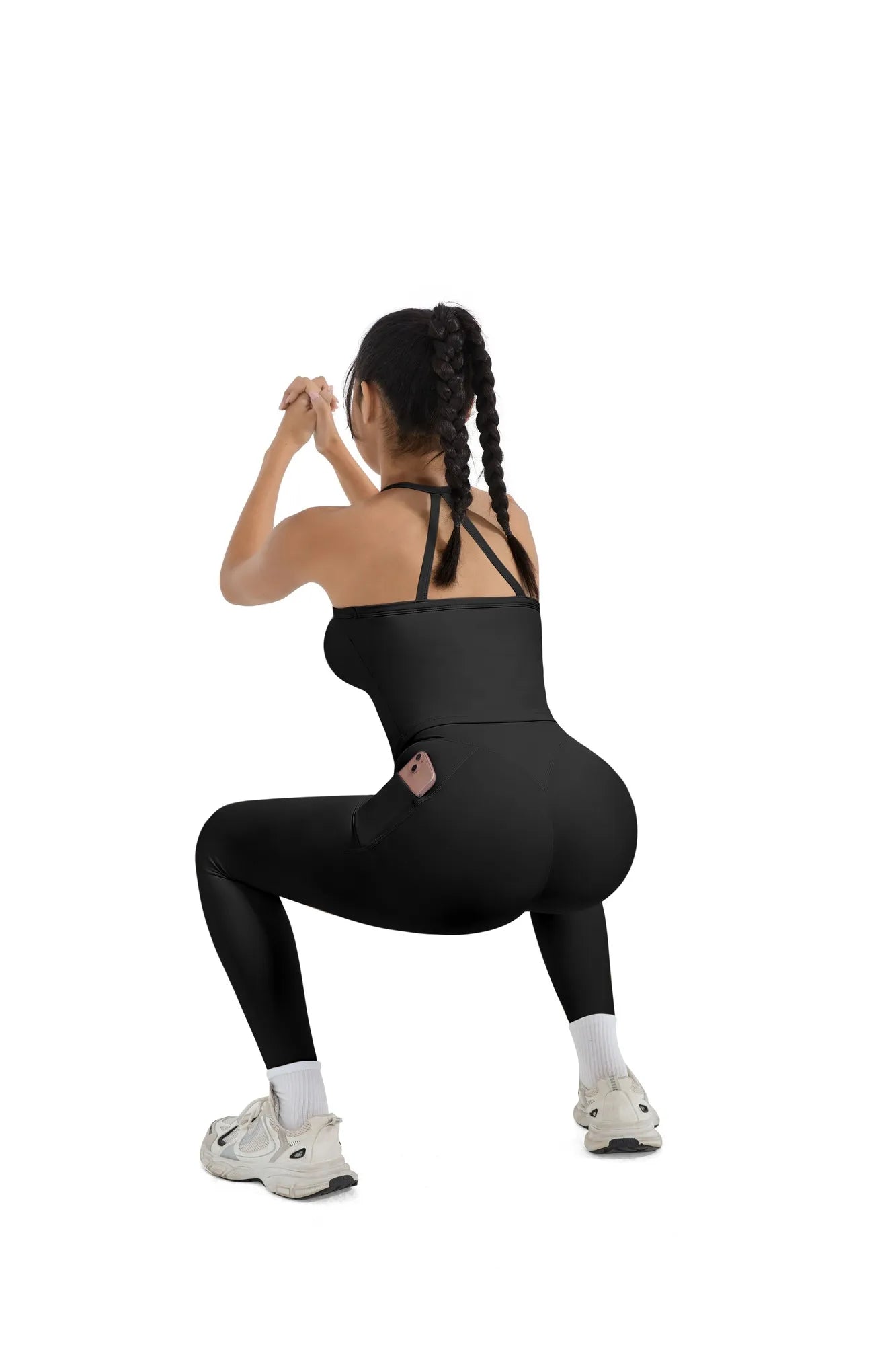 SUUKSESS Women 2 Piece Workout Sets Compression Tummy Control Leggings with Pockets Halter Built in Bra Tank Tops-SUUKSESS-SUUKSESS