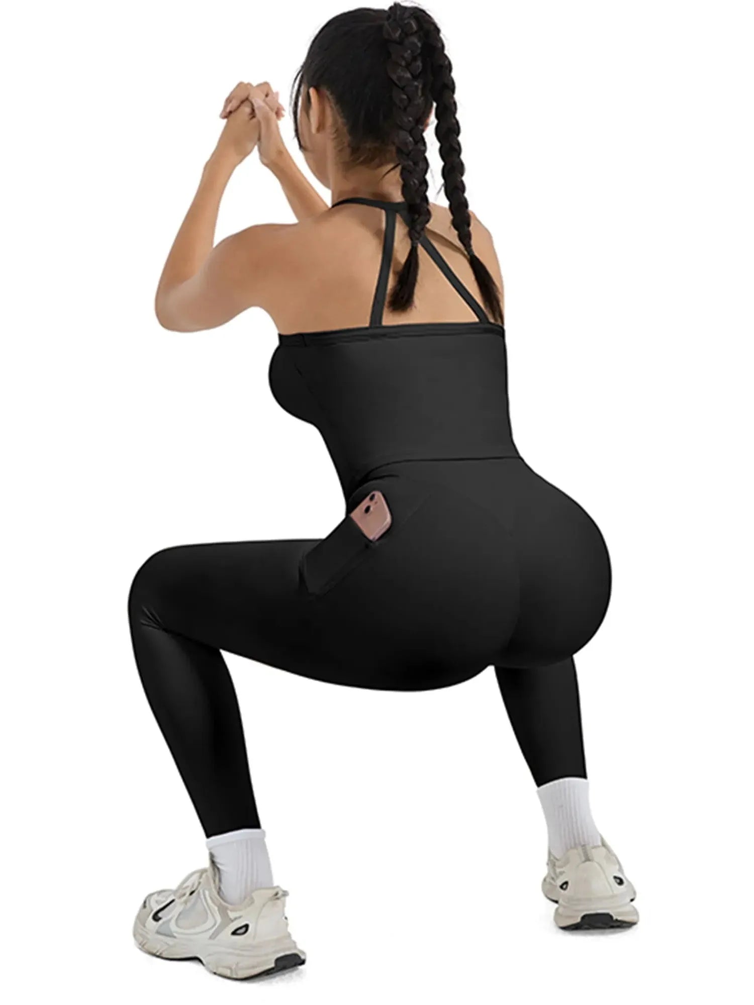 SUUKSESS Women 2 Piece Workout Sets Compression Tummy Control Leggings with Pockets Halter Built in Bra Tank Tops-SUUKSESS-SUUKSESS