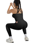 SUUKSESS Women 2 Piece Workout Sets Compression Tummy Control Leggings with Pockets Halter Built in Bra Tank Tops-SUUKSESS-SUUKSESS
