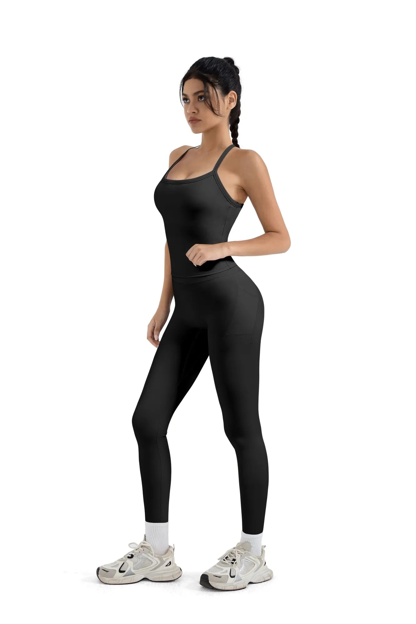 SUUKSESS Women 2 Piece Workout Sets Compression Tummy Control Leggings with Pockets Halter Built in Bra Tank Tops-SUUKSESS-SUUKSESS