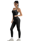 SUUKSESS Women 2 Piece Workout Sets Compression Tummy Control Leggings with Pockets Halter Built in Bra Tank Tops-SUUKSESS-SUUKSESS