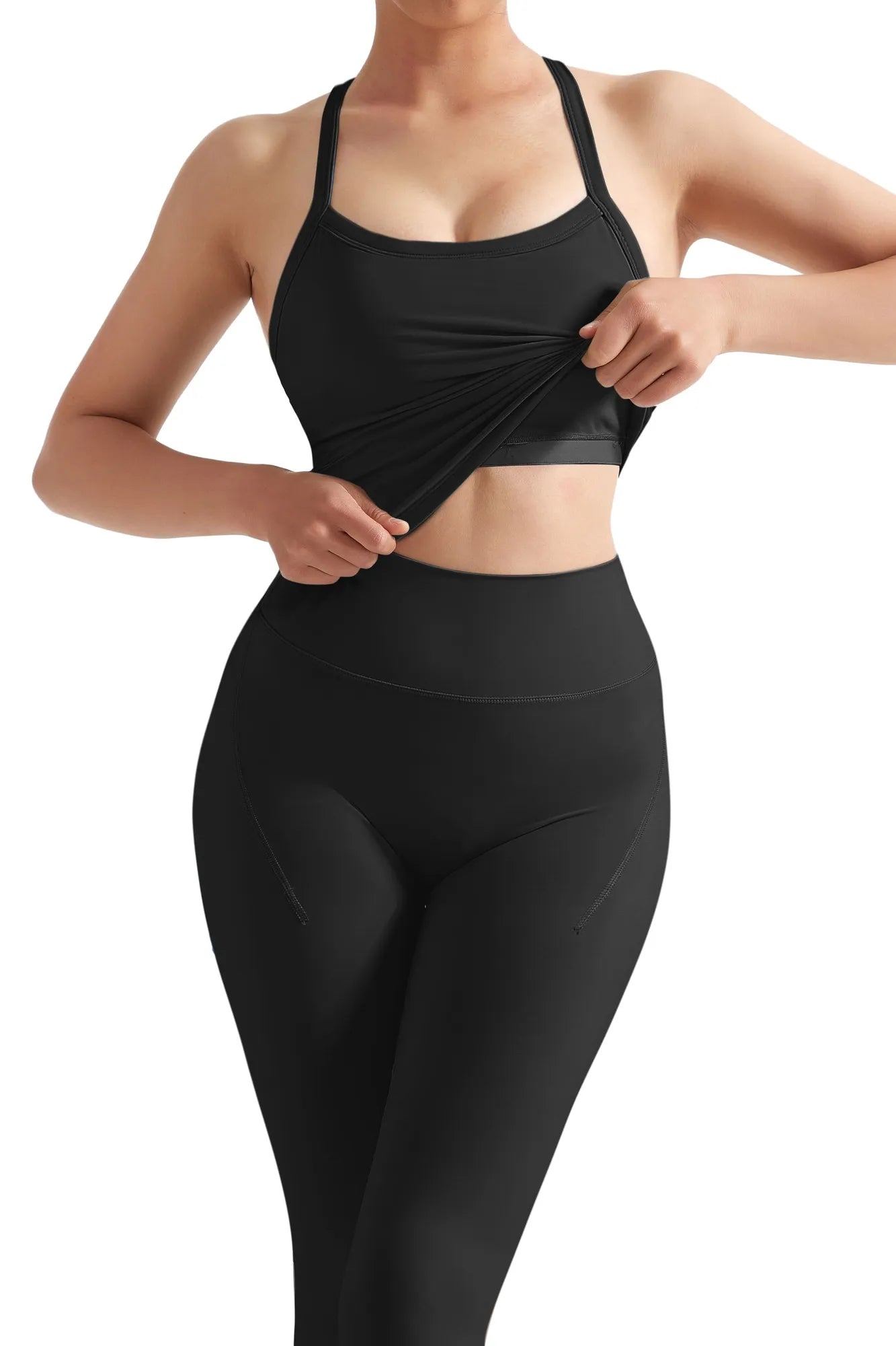 SUUKSESS Women 2 Piece Workout Sets Compression Tummy Control Leggings with Pockets Halter Built in Bra Tank Tops-SUUKSESS-SUUKSESS