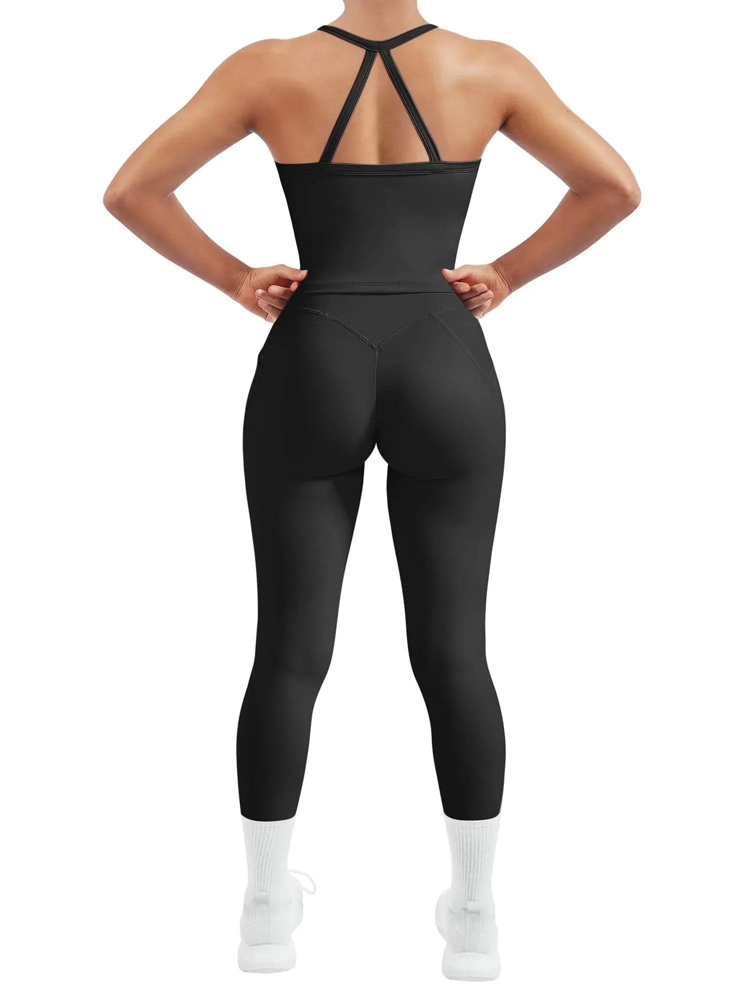 SUUKSESS Women 2 Piece Workout Sets Compression Tummy Control Leggings with Pockets Halter Built in Bra Tank Tops-SUUKSESS-SUUKSESS