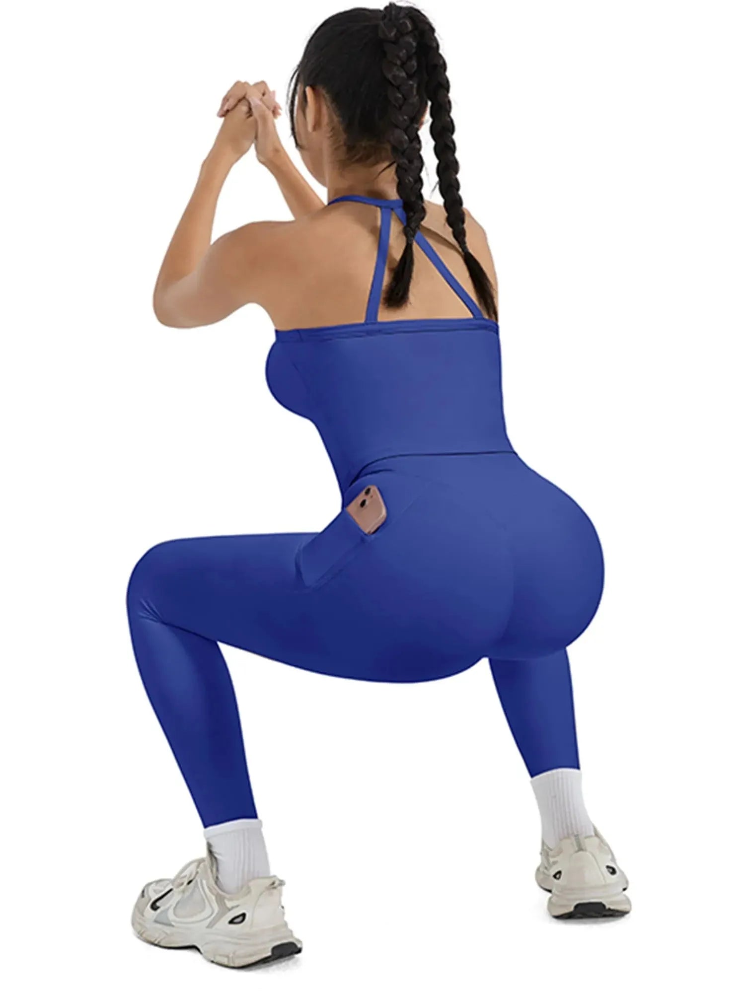 SUUKSESS Women 2 Piece Workout Sets Compression Tummy Control Leggings with Pockets Halter Built in Bra Tank Tops-SUUKSESS-SUUKSESS