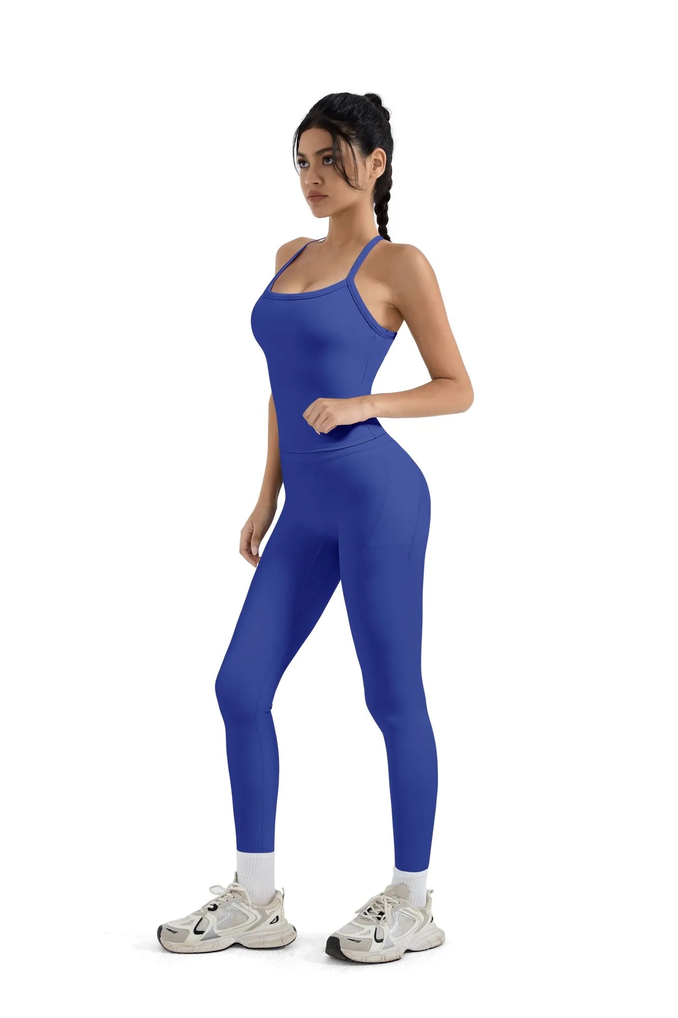 SUUKSESS Women 2 Piece Workout Sets Compression Tummy Control Leggings with Pockets Halter Built in Bra Tank Tops-SUUKSESS-SUUKSESS