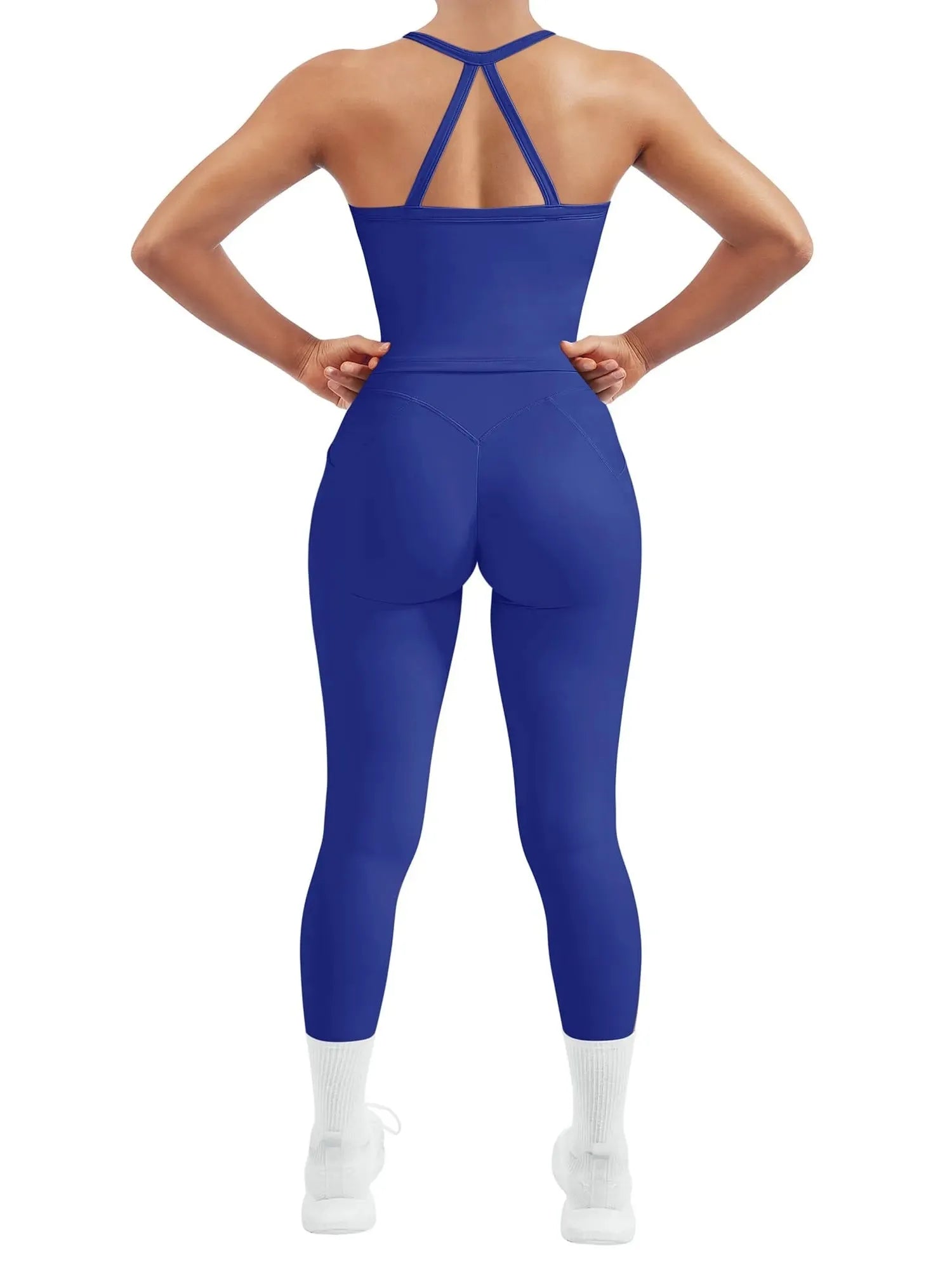 SUUKSESS Women 2 Piece Workout Sets Compression Tummy Control Leggings with Pockets Halter Built in Bra Tank Tops-SUUKSESS-SUUKSESS