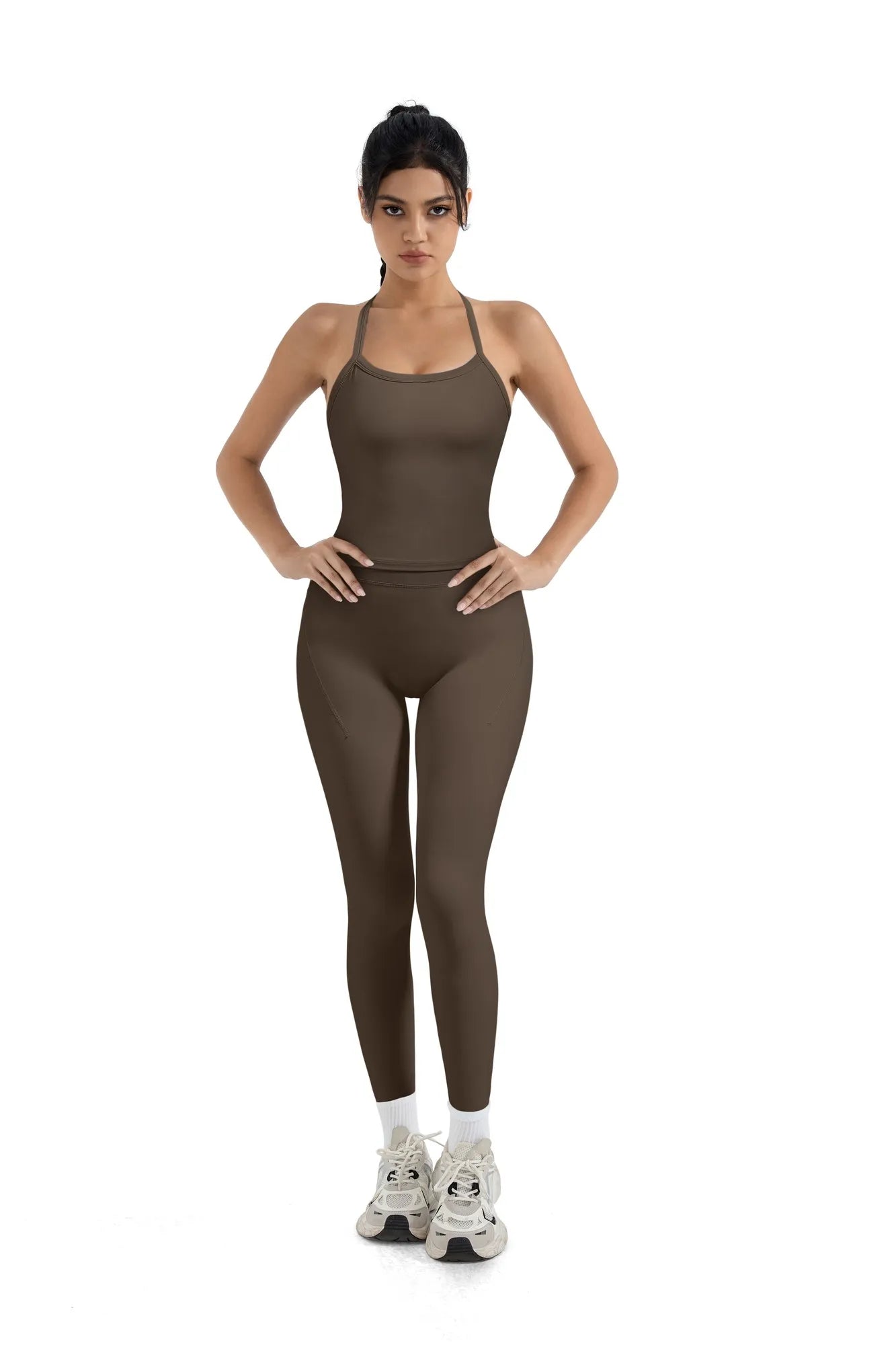 SUUKSESS Women 2 Piece Workout Sets Compression Tummy Control Leggings with Pockets Halter Built in Bra Tank Tops-SUUKSESS-Brown-XS-SUUKSESS