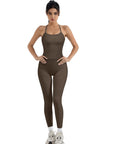 SUUKSESS Women 2 Piece Workout Sets Compression Tummy Control Leggings with Pockets Halter Built in Bra Tank Tops-SUUKSESS-Brown-XS-SUUKSESS