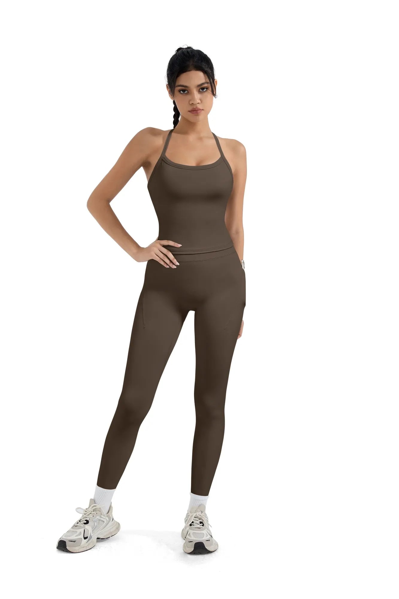 SUUKSESS Women 2 Piece Workout Sets Compression Tummy Control Leggings with Pockets Halter Built in Bra Tank Tops-SUUKSESS-SUUKSESS