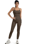 SUUKSESS Women 2 Piece Workout Sets Compression Tummy Control Leggings with Pockets Halter Built in Bra Tank Tops-SUUKSESS-SUUKSESS