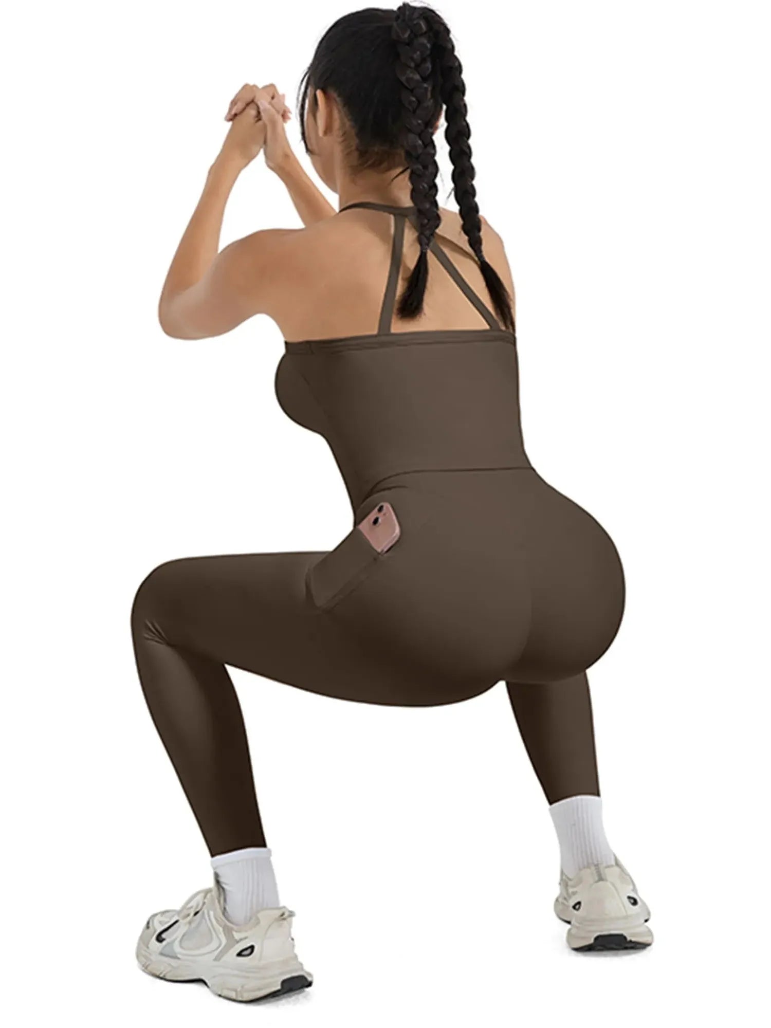 SUUKSESS Women 2 Piece Workout Sets Compression Tummy Control Leggings with Pockets Halter Built in Bra Tank Tops-SUUKSESS-SUUKSESS