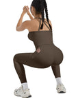 SUUKSESS Women 2 Piece Workout Sets Compression Tummy Control Leggings with Pockets Halter Built in Bra Tank Tops-SUUKSESS-SUUKSESS