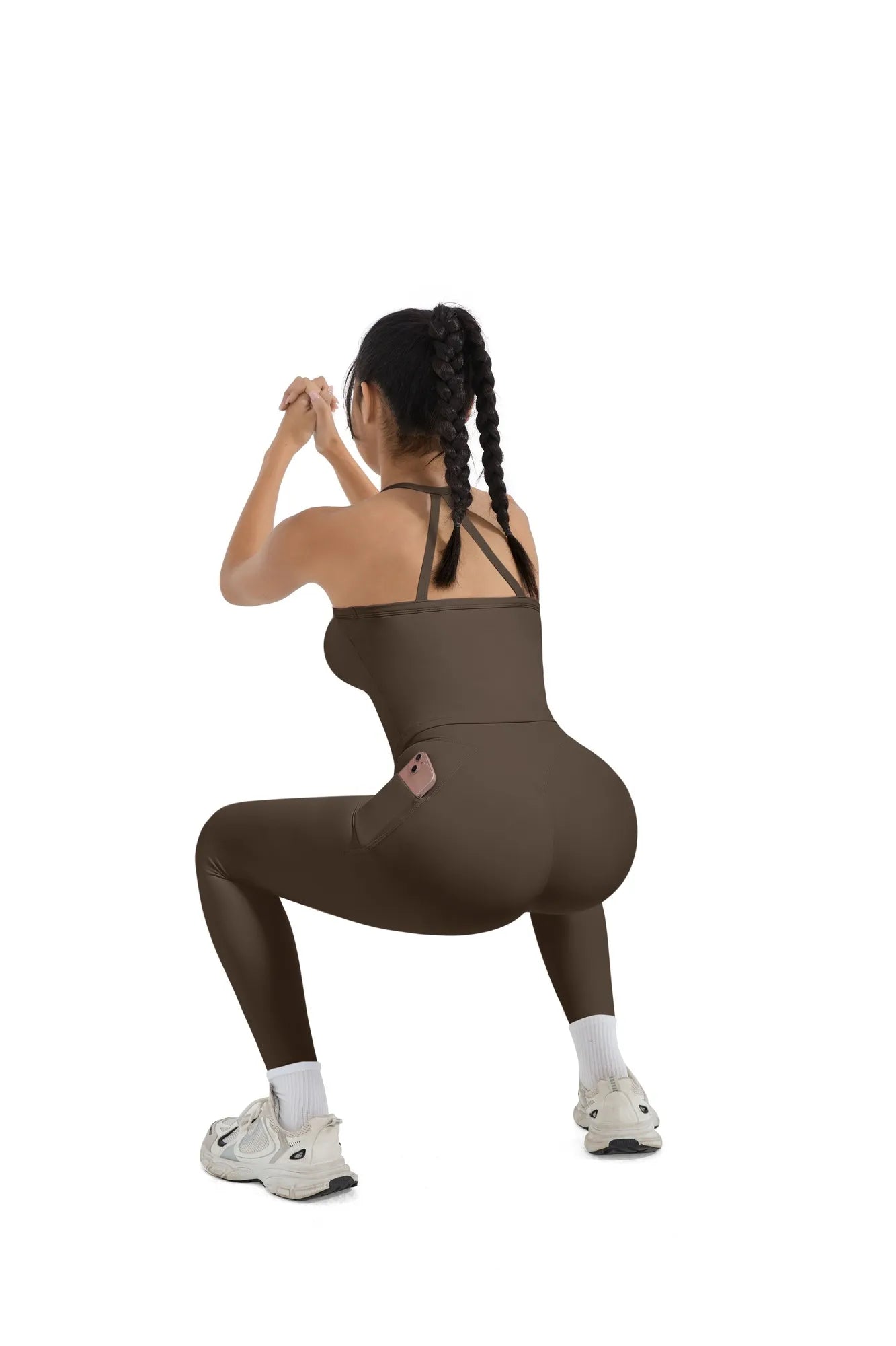 SUUKSESS Women 2 Piece Workout Sets Compression Tummy Control Leggings with Pockets Halter Built in Bra Tank Tops-SUUKSESS-SUUKSESS