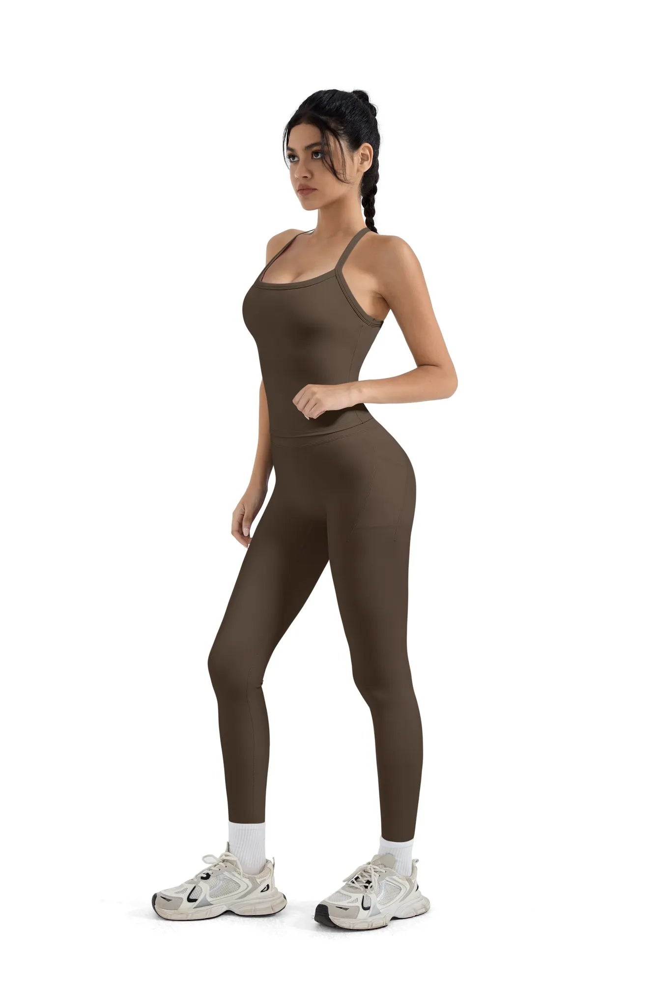 SUUKSESS Women 2 Piece Workout Sets Compression Tummy Control Leggings with Pockets Halter Built in Bra Tank Tops-SUUKSESS-SUUKSESS