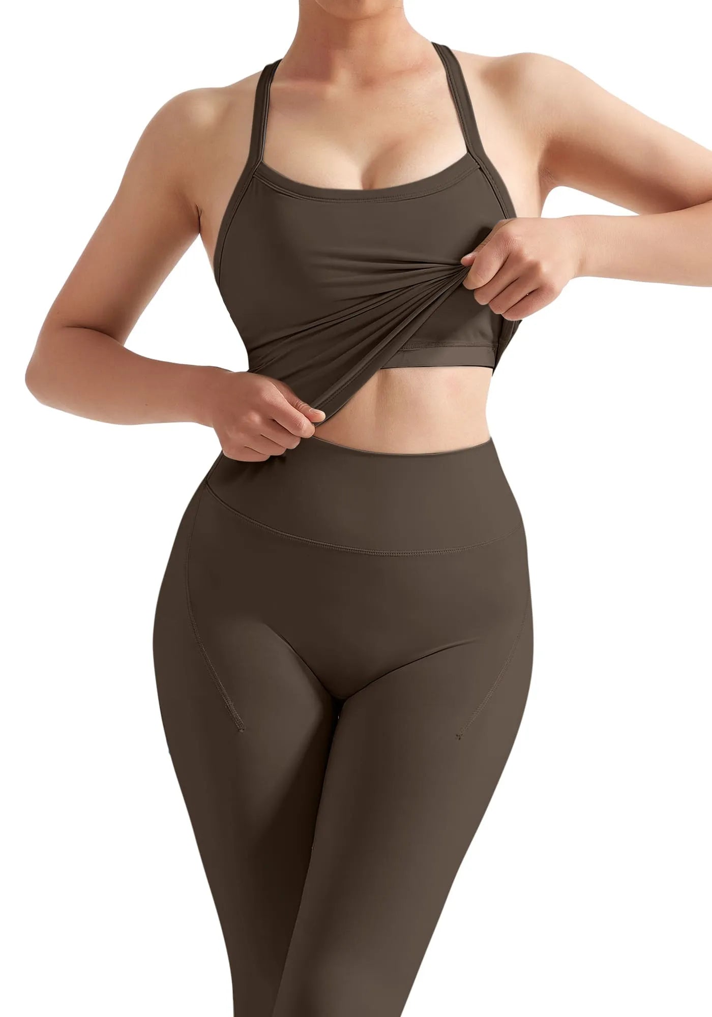 SUUKSESS Women 2 Piece Workout Sets Compression Tummy Control Leggings with Pockets Halter Built in Bra Tank Tops-SUUKSESS-SUUKSESS