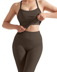 SUUKSESS Women 2 Piece Workout Sets Compression Tummy Control Leggings with Pockets Halter Built in Bra Tank Tops-SUUKSESS-SUUKSESS