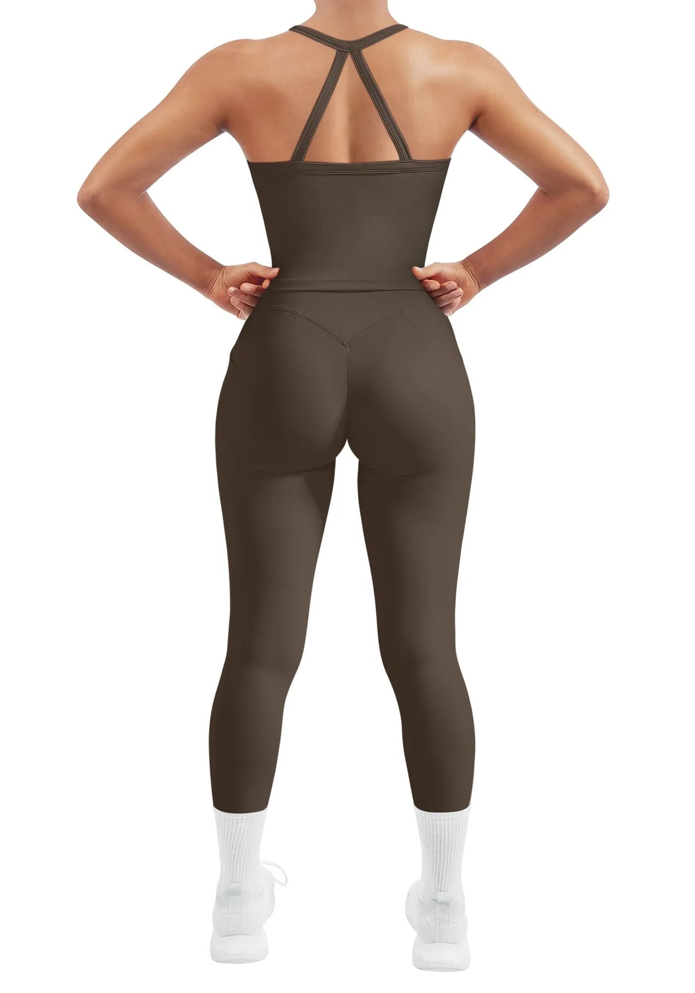 SUUKSESS Women 2 Piece Workout Sets Compression Tummy Control Leggings with Pockets Halter Built in Bra Tank Tops-SUUKSESS-SUUKSESS