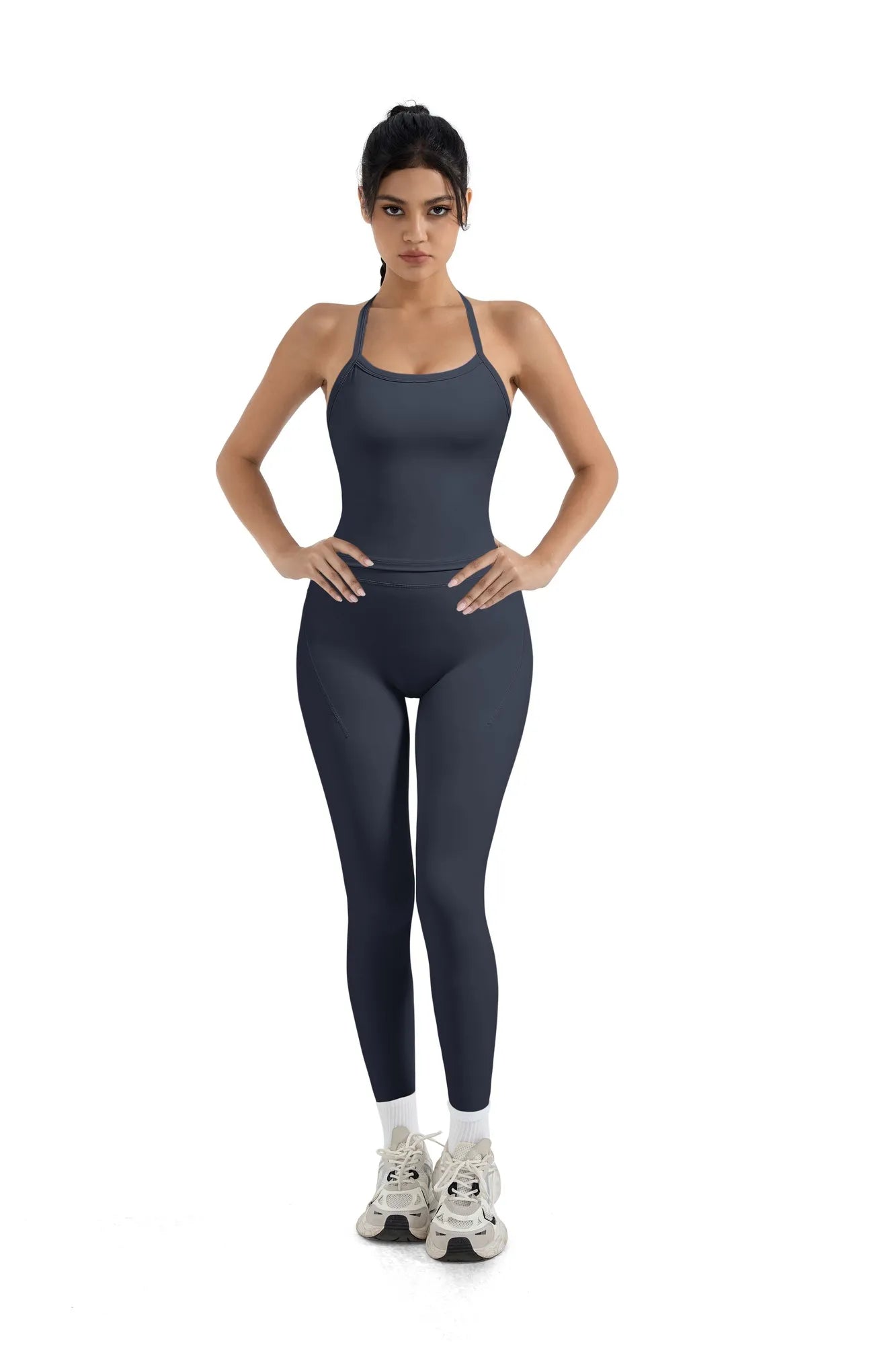 SUUKSESS Women 2 Piece Workout Sets Compression Tummy Control Leggings with Pockets Halter Built in Bra Tank Tops-SUUKSESS-Navy-XS-SUUKSESS