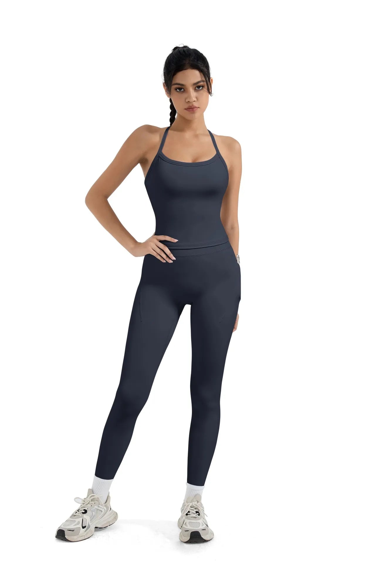SUUKSESS Women 2 Piece Workout Sets Compression Tummy Control Leggings with Pockets Halter Built in Bra Tank Tops-SUUKSESS-SUUKSESS