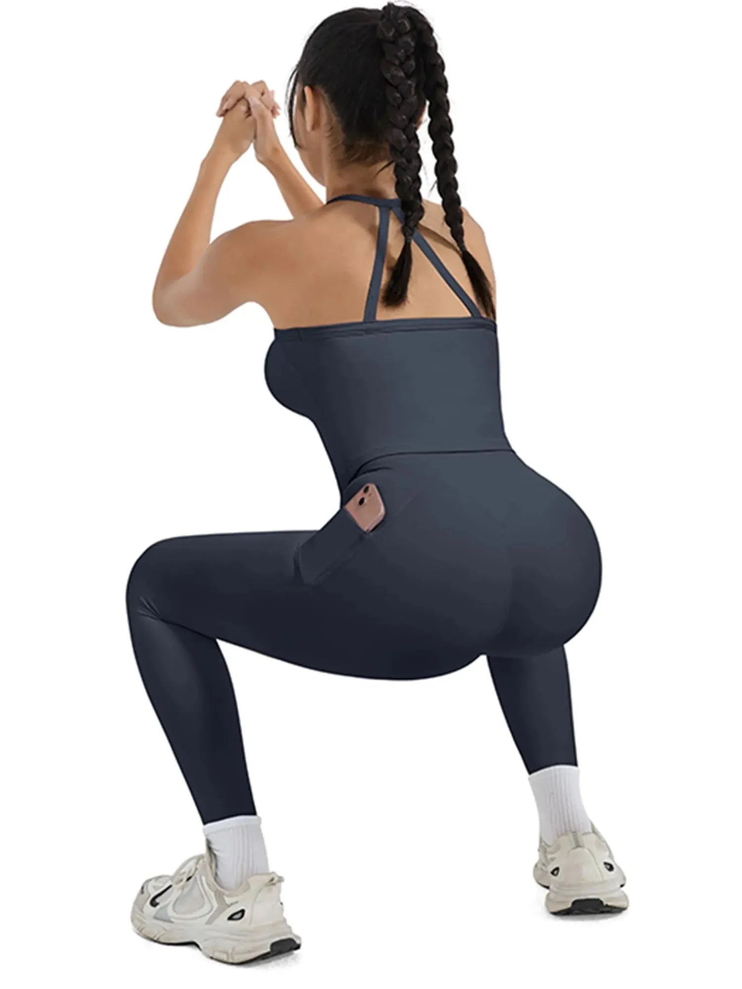 SUUKSESS Women 2 Piece Workout Sets Compression Tummy Control Leggings with Pockets Halter Built in Bra Tank Tops-SUUKSESS-SUUKSESS