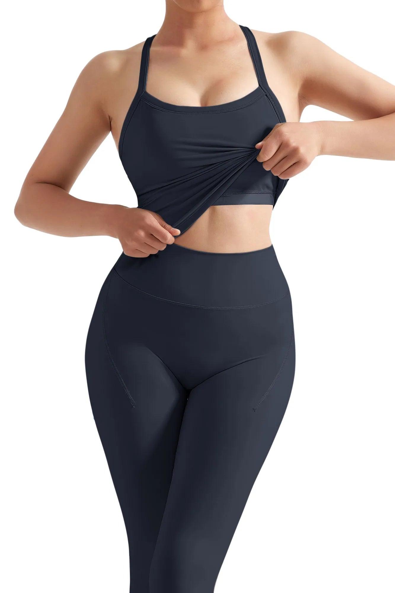 SUUKSESS Women 2 Piece Workout Sets Compression Tummy Control Leggings with Pockets Halter Built in Bra Tank Tops-SUUKSESS-SUUKSESS