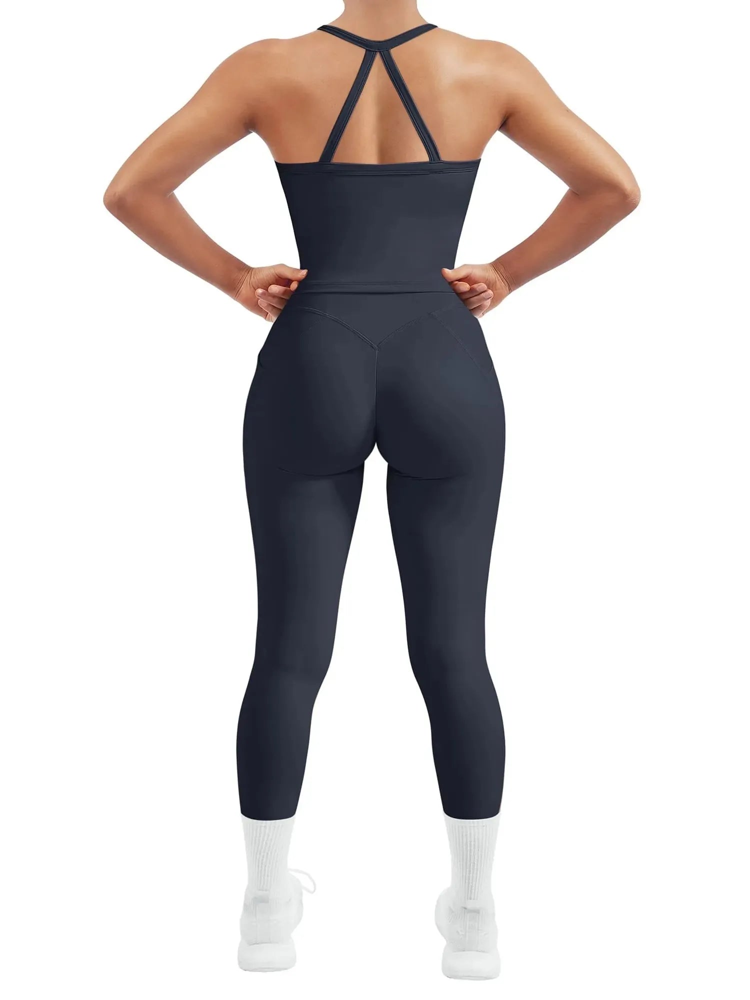 SUUKSESS Women 2 Piece Workout Sets Compression Tummy Control Leggings with Pockets Halter Built in Bra Tank Tops-SUUKSESS-SUUKSESS