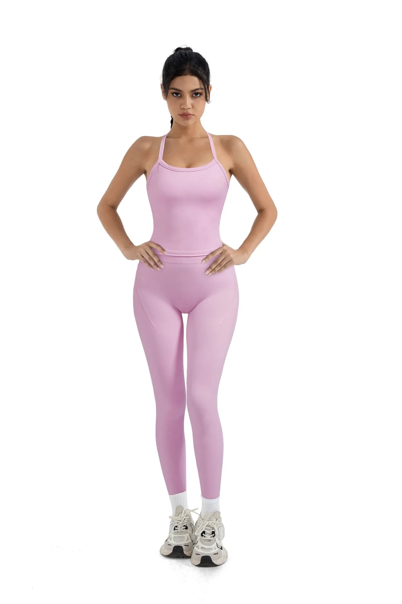 SUUKSESS Women 2 Piece Workout Sets Compression Tummy Control Leggings with Pockets Halter Built in Bra Tank Tops-SUUKSESS-Pink-XS-SUUKSESS