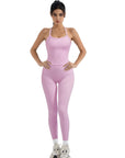 SUUKSESS Women 2 Piece Workout Sets Compression Tummy Control Leggings with Pockets Halter Built in Bra Tank Tops-SUUKSESS-Pink-XS-SUUKSESS