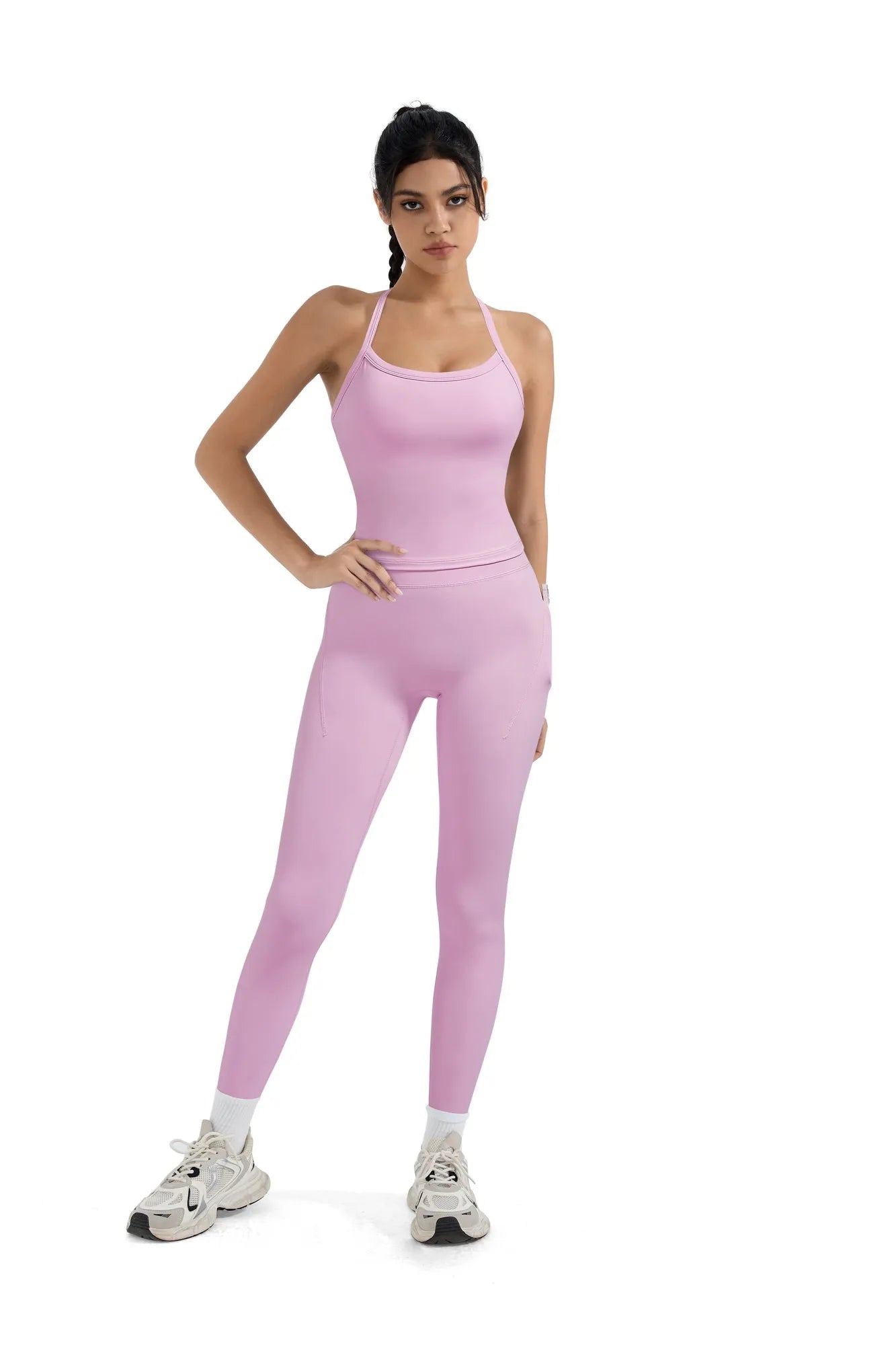 SUUKSESS Women 2 Piece Workout Sets Compression Tummy Control Leggings with Pockets Halter Built in Bra Tank Tops-SUUKSESS-SUUKSESS
