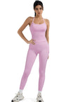 SUUKSESS Women 2 Piece Workout Sets Compression Tummy Control Leggings with Pockets Halter Built in Bra Tank Tops-SUUKSESS-SUUKSESS